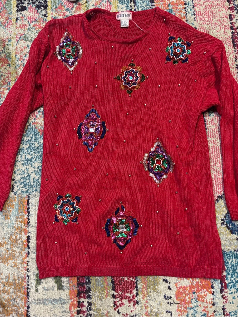 Victoria Jones Bright Red Beaded Embellished Holiday Crewneck Sweater - Women